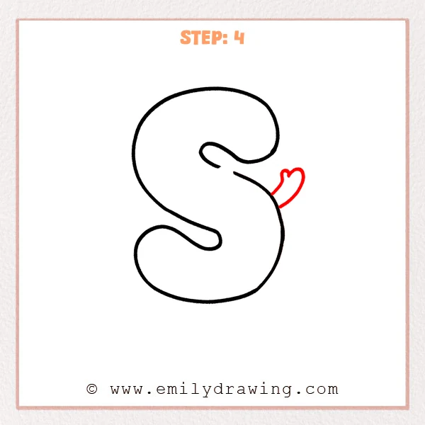 how to draw a bubble letter s - A bubble letter S outline gains a small right arm with a heart-shaped mitten hand attached to the middle-right side.
